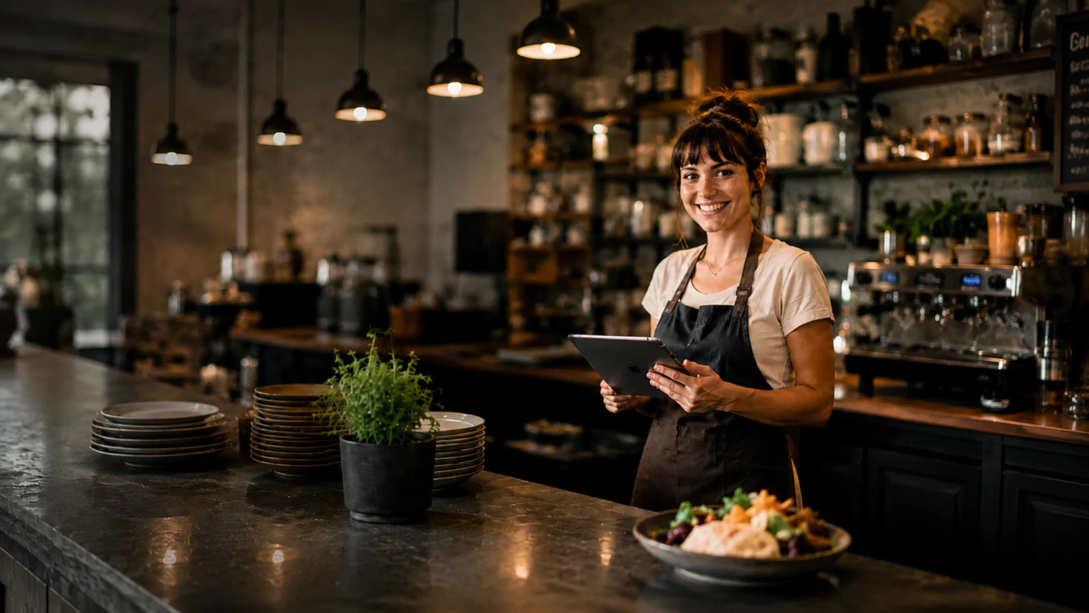 Eine Gastronomin arbeitet mit einem Tablet in einem Café.